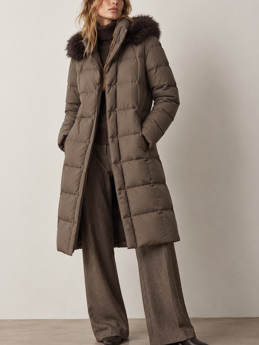 Ralph Lauren taupe brown goose down quilted long puffer jacket